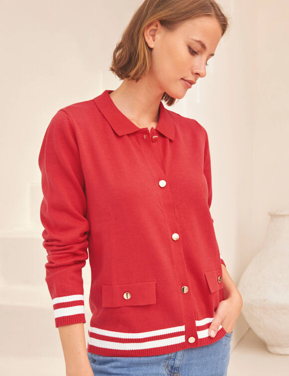 Gilet col polo, coton m&eacute;lang&eacute; (rouge / blanc)