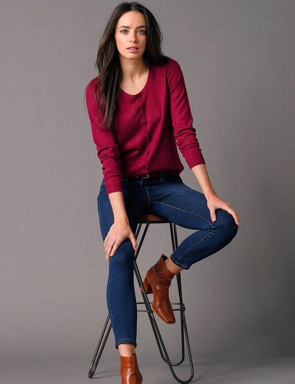 Cardigan boutonné col rond uni, toucher doux (prune)