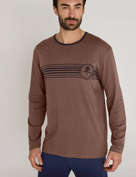 Pyjama pantalon jersey coton manches longues (taupe / marine)