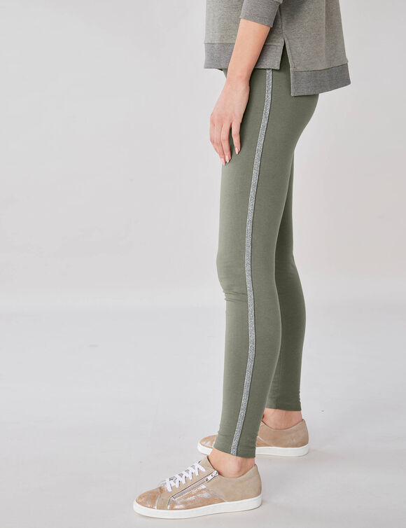 Effen legging met glanzende stroken aan de zijkant, gebreid (kaki)