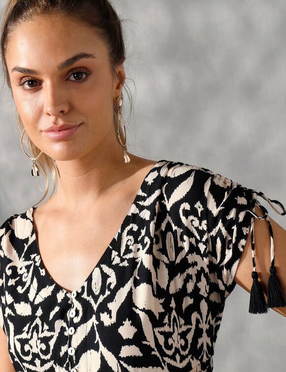 Robe longue manches courtes, imprimé ethnique bicolore (noir / beige)