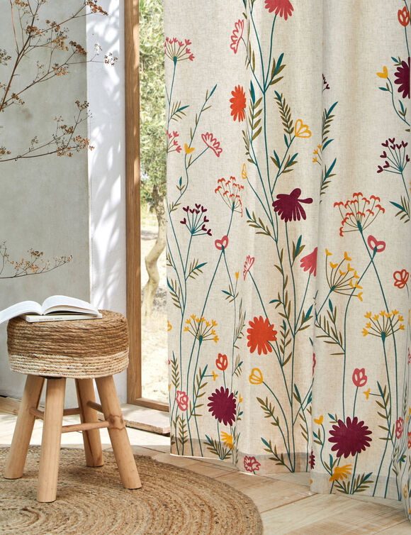 Rideau coton lin base fleurie (vert / orange)