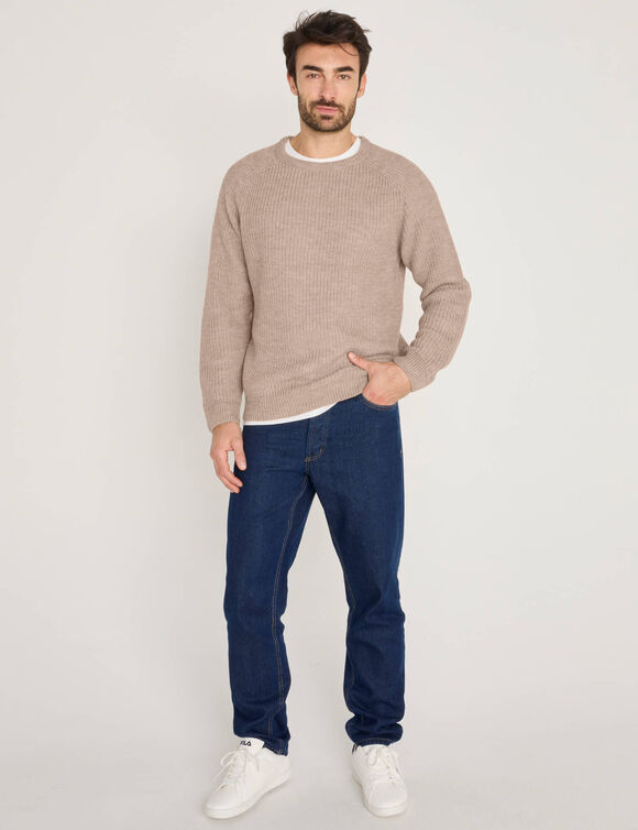Trui met ronde hals, hamermouwen en Engelse ribbel, 30% wol (gespikkeld blauw)