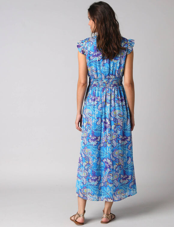 Robe manches courtes d&eacute;tails volant&eacute;s, voile jacquard imprim&eacute; (bleu)