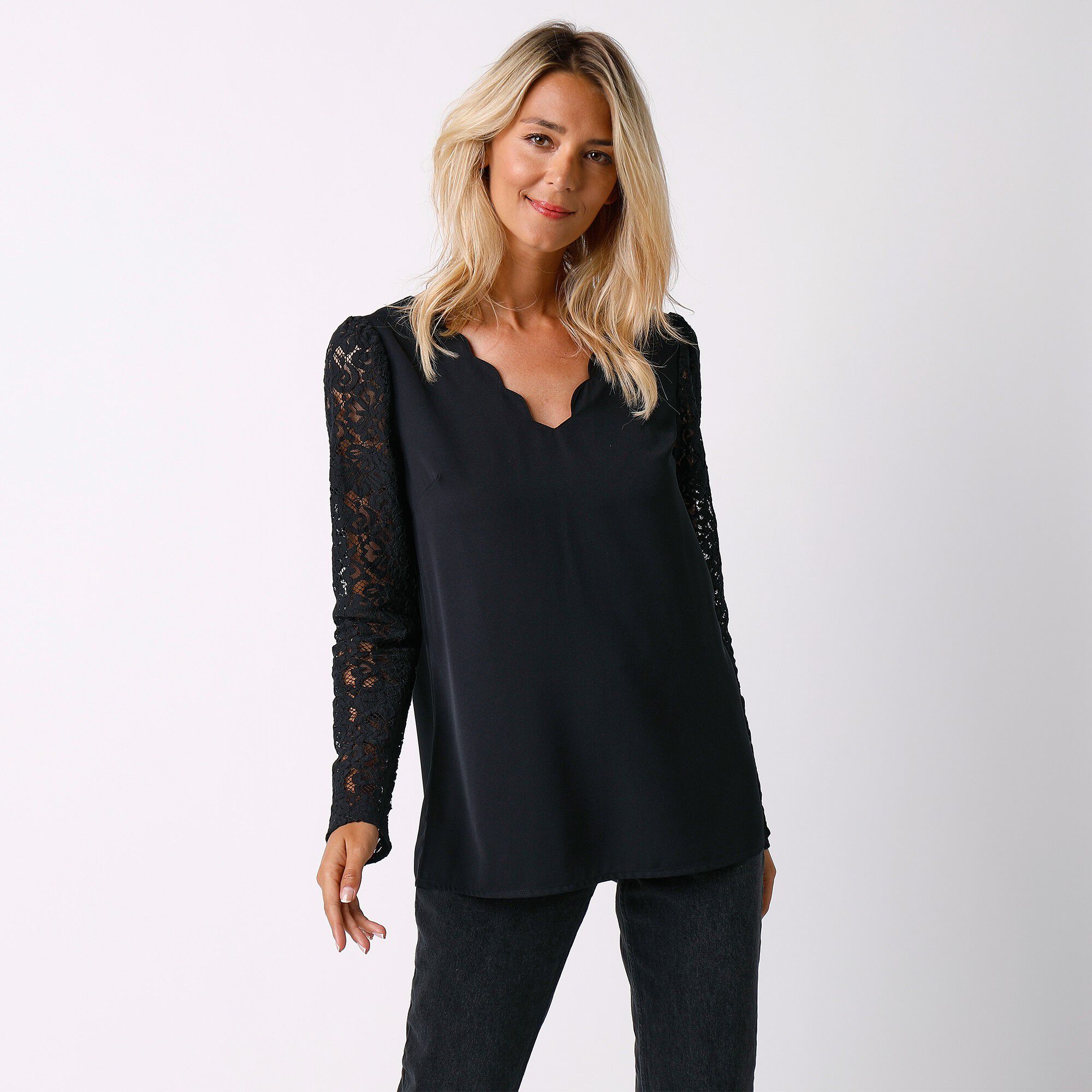 Blouse détail dentelle Femme - Noir