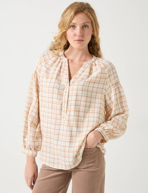 Blouse imprimée carreaux flanelle, manches 7/8 (écru / beige)