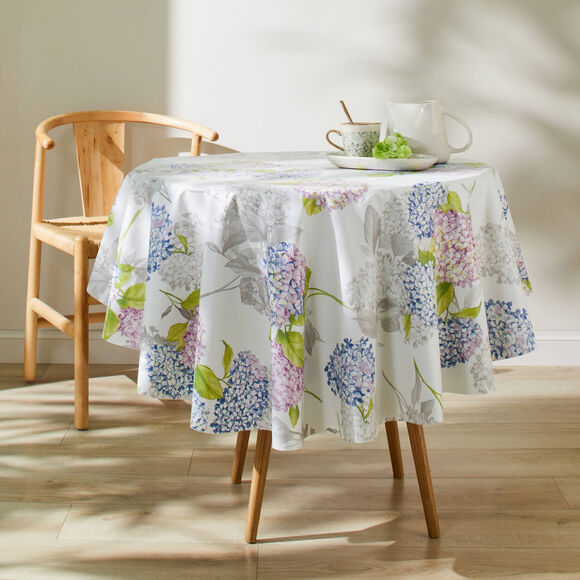 Nappe toile cirée imprimé hortensias (blanc / bleu)