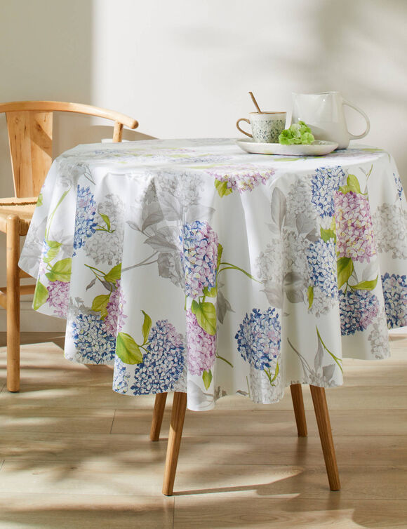 Nappe toile cirée imprimé hortensias (blanc / bleu)