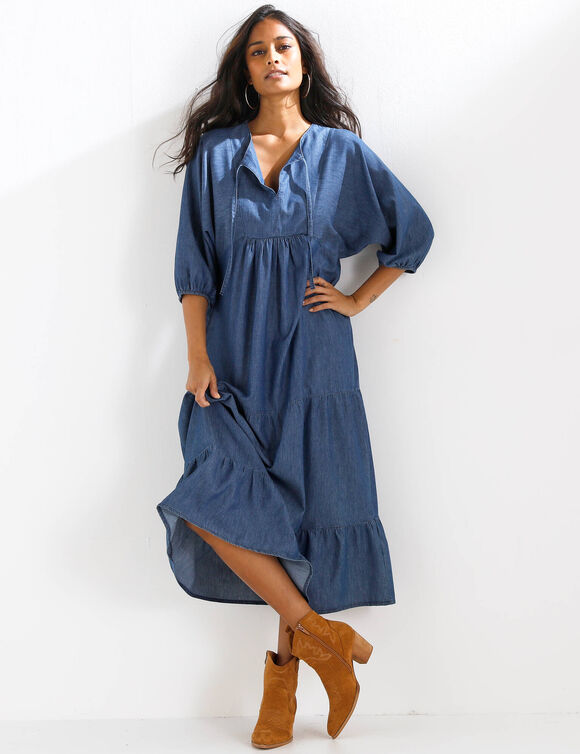 Robe longue volant&eacute;e en jean (stone)