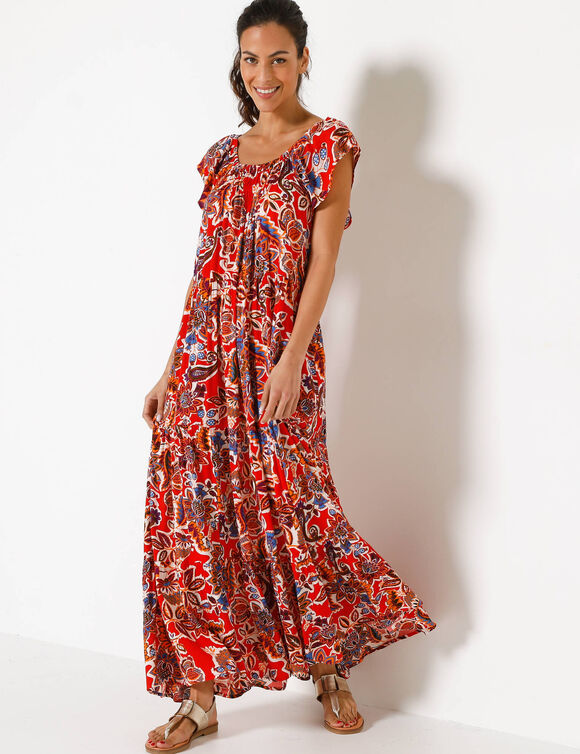 Robe longue volantée, cr&eacute;pon imprimé (rouge / bleu)