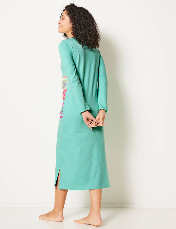 Chemise de nuit longue manches longues imprimé rosaces (lagon)