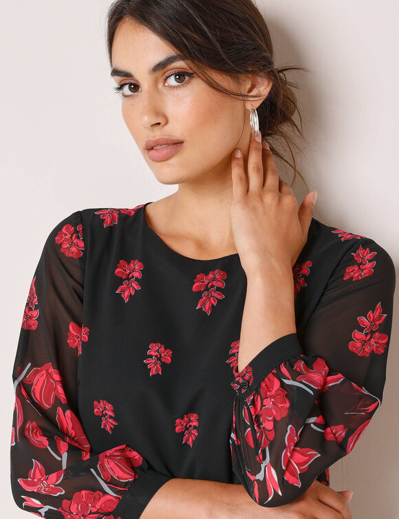 Robe en voile imprimé, manches 3/4 (noir / rouge)