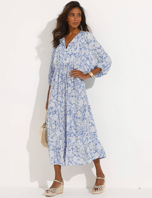 Robe longue imprim&eacute;e, cr&eacute;pon (bleu gris&eacute;)