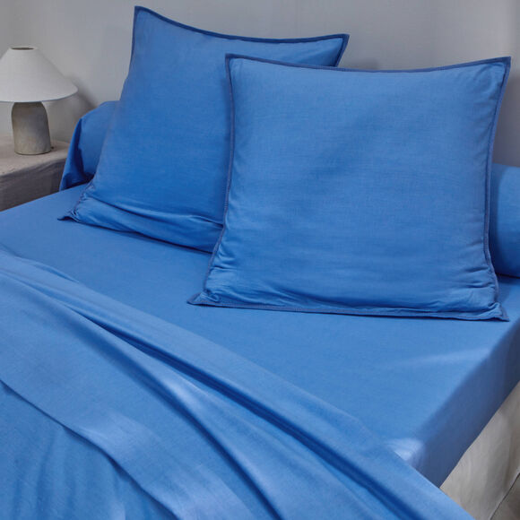 Linge de lit uni coton lavé (bleu)