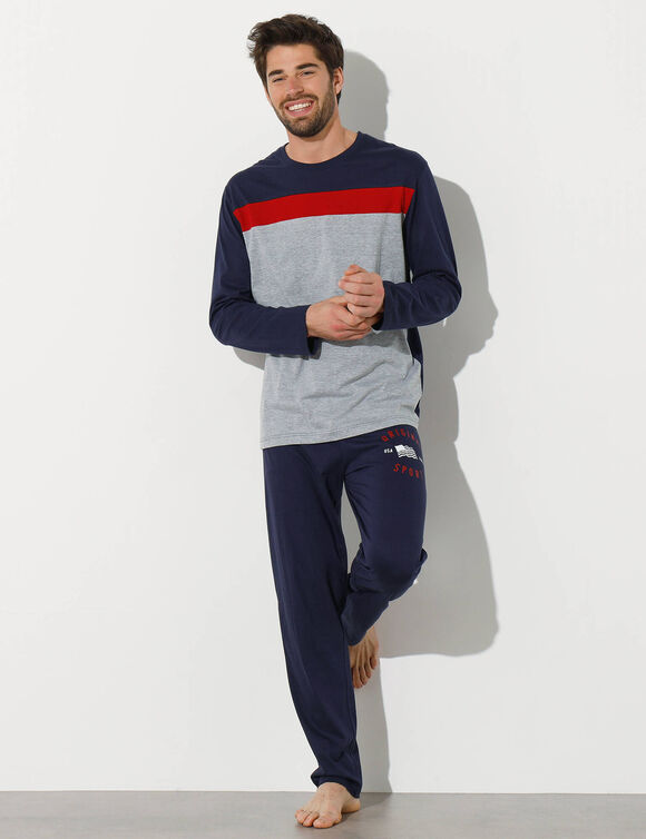 Tee-shirt pyjama tricolore manches longues (marine / gris chiné)