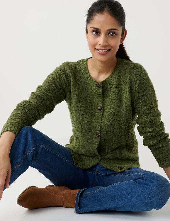 Gilet boutonn&eacute;, maille fantaisie en laine m&eacute;lang&eacute;e (vert mousse)