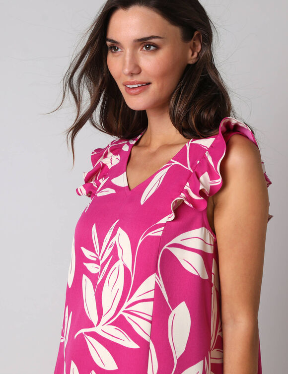 Robe courte col V imprim&eacute; feuillage, &agrave; mancherons volant&eacute;s (roze / ecru)