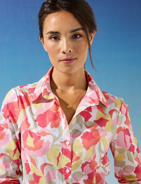 Chemisier imprimé floral, voile de coton (blanc / rose)