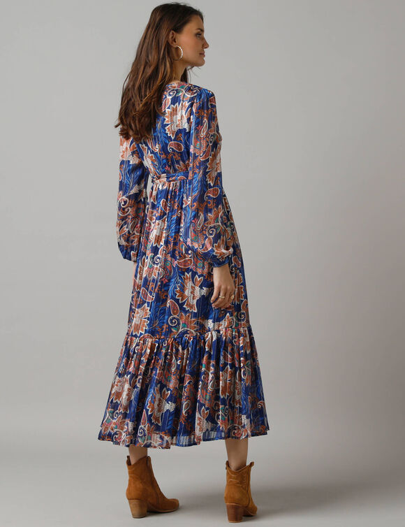 Robe longue en voile, imprimé fleurs indiennes (bleu / beige)
