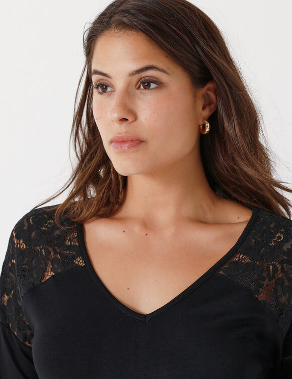 T-shirt col V manches longues dentelle (noir)