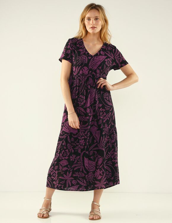Robe longue imprimée col V, crépon (noir / prune)