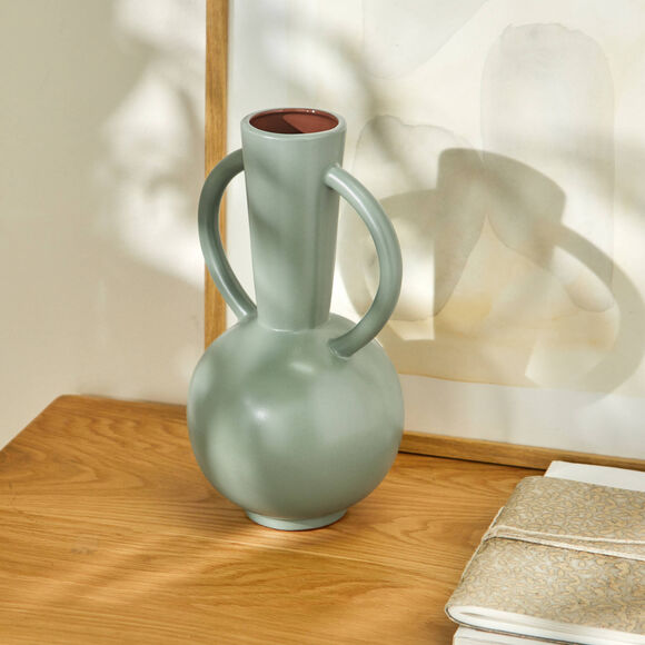 Vase rond c&eacute;ramique, double anses - hauteur 29,5 cm (vert)