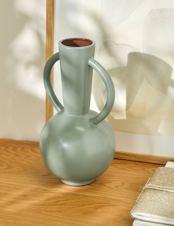 Vase rond c&eacute;ramique, double anses - hauteur 29,5 cm (vert)