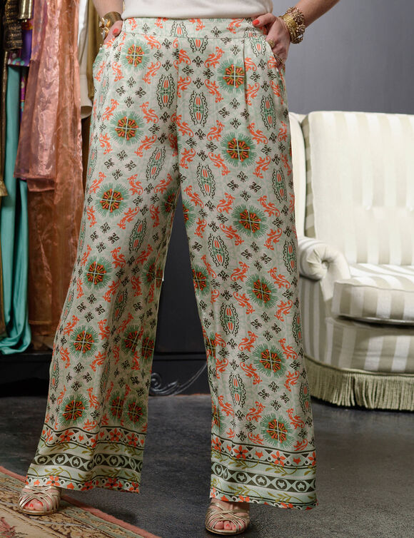 Pantalon large fluide imprimé « Roubaix Nostalgie » - Marilyn Feltz  (vert d'eau / corail)