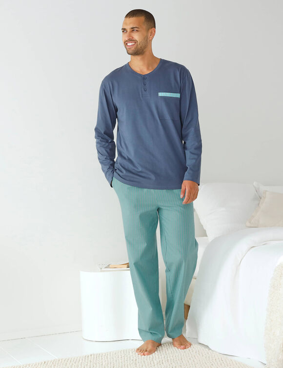 Pyjama col tunisien bi-mati&egrave;re  (bleu gris&eacute; / aqua)