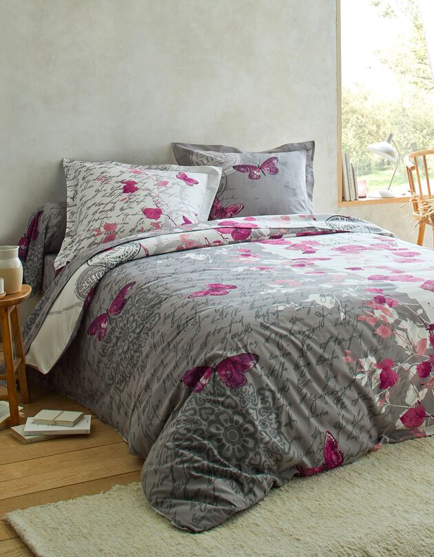 Linge de lit Célestine en coton imprimé fleurs et papillons (gris / parme)