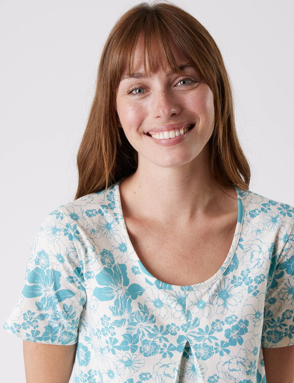 Chemise de nuit longue imprimée fleurie, manches courtes (turquoise)