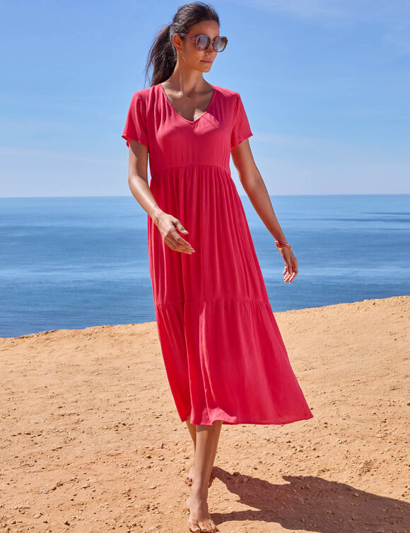 Robe col V longue unie, cr&eacute;pon (framboise)