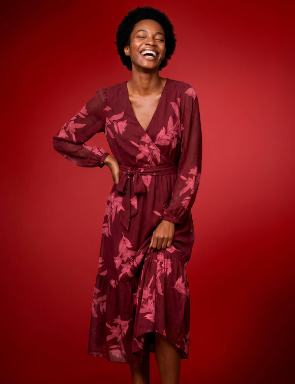 Robe longue volant, voile imprim&eacute; (bordeaux / rouge)