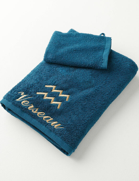 Serviettes de bain brodées Verseau - 420g/m2 (bleu paon)