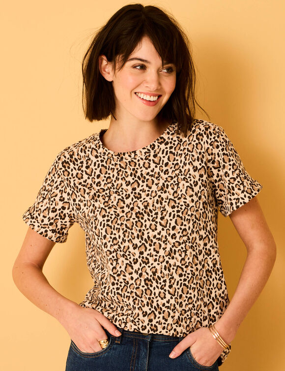 T-shirt, korte mouwen met omslag, dierenhuidprint (beige)