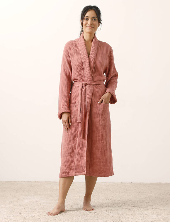 Peignoir de bain mixte col ch&acirc;le - triple gaze de coton  (bois de rose)