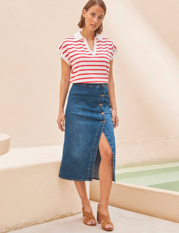 Pull ray&eacute; col polo, coton m&eacute;lang&eacute; (blanc / rouge)