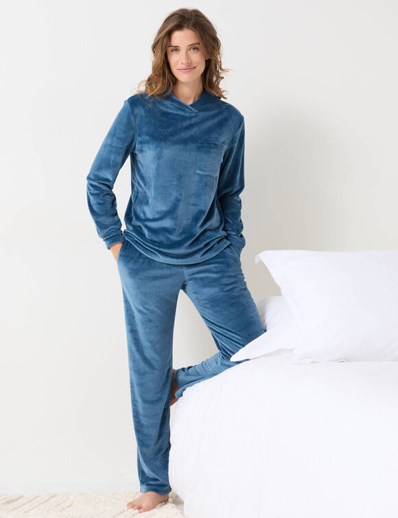Pyjama pantalon en velours col croisé manches longues (petroleumblauw)