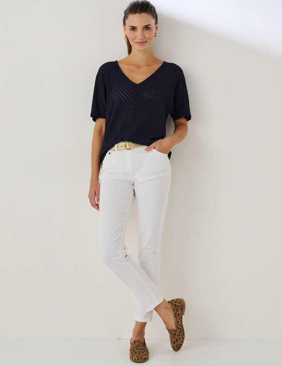 Pull manches courtes maille ajour&eacute;e effet chevron  (marine)