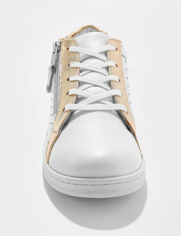 Tweekleurige sneakers in geperforeerd leer met rits (wit / goudkleurig)