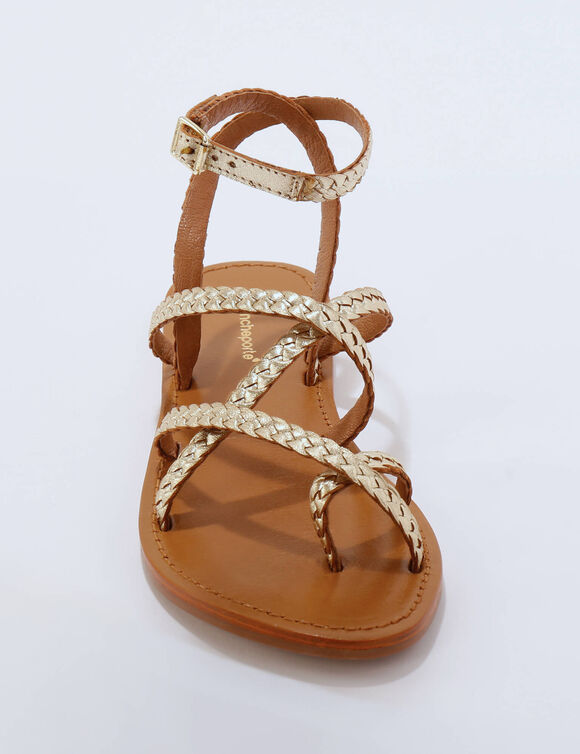 Platte leren sandalen met gevlochten riempjes (goudkleurig)
