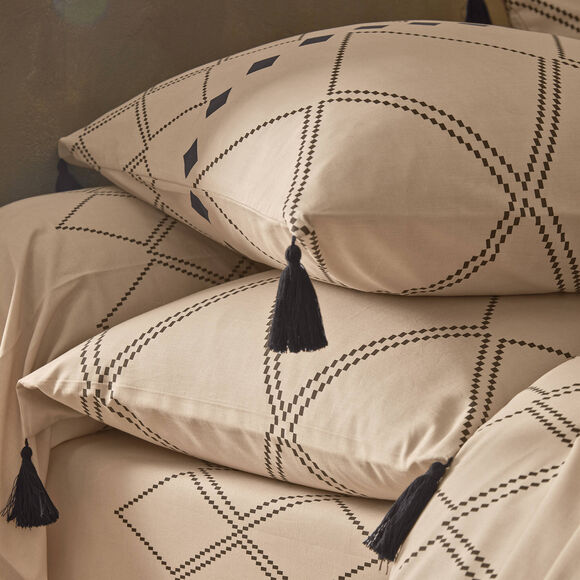 Linge de lit Massaï coton à motifs graphiques et finitions pompons (beige)