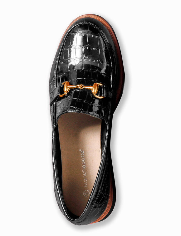 Mocassins &agrave; mors semelle compens&eacute;e - effet croco verni  (noir)