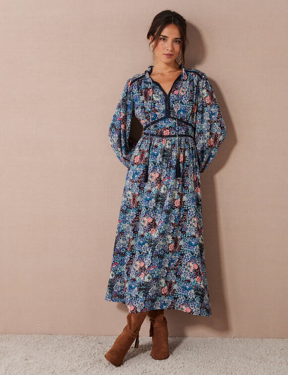 Robe longue imprimé floral finition macramé (marine / bleu)
