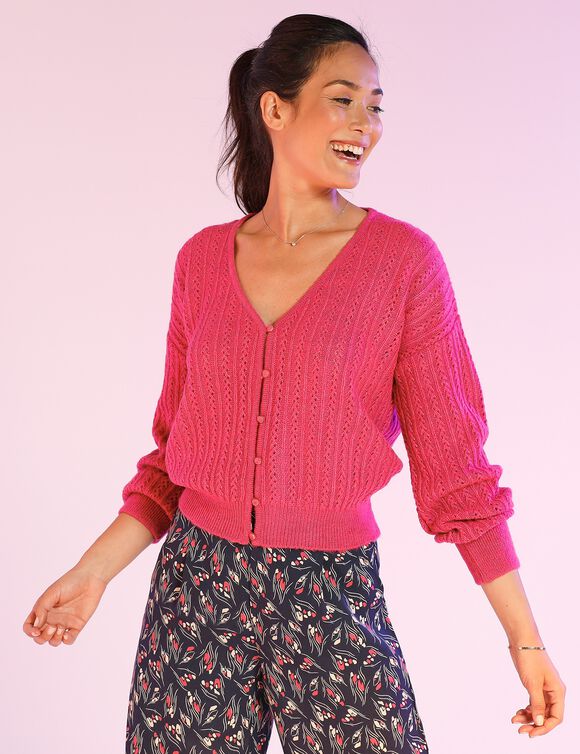 Gilet maille fantaisie ajourée (rose)
