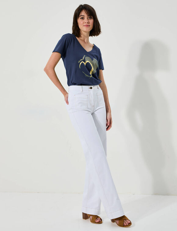 T-shirt col V imprimé doré (marine)