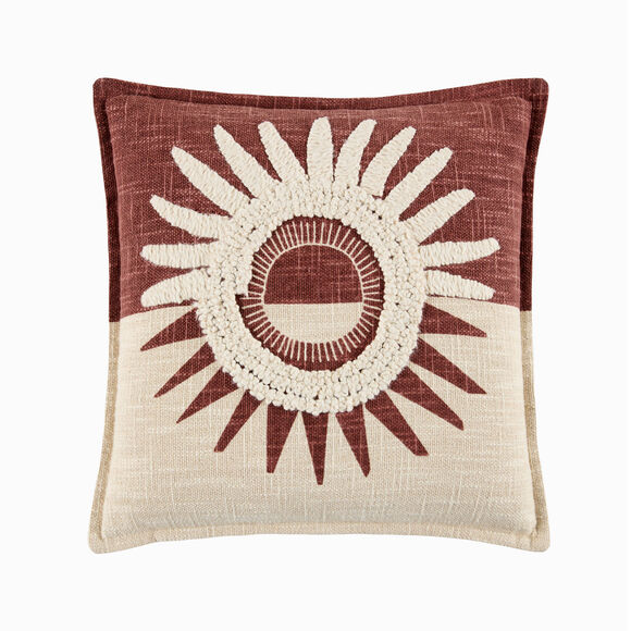 Coussin textur&eacute; motif soleil (bordeaux / &eacute;cru)