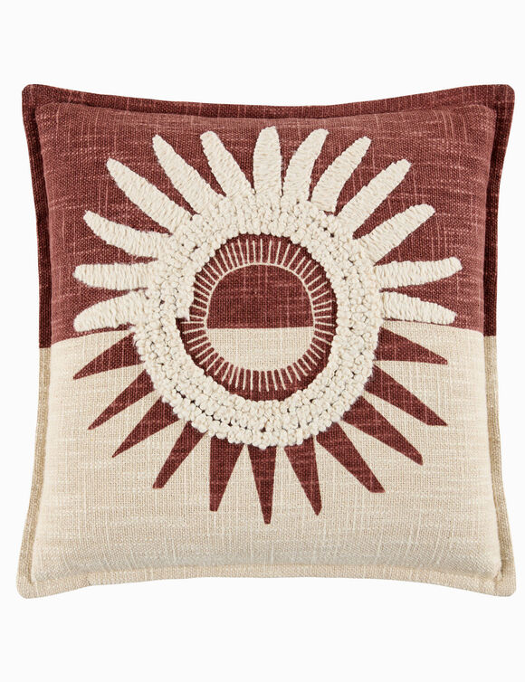 Coussin textur&eacute; motif soleil (bordeaux / &eacute;cru)