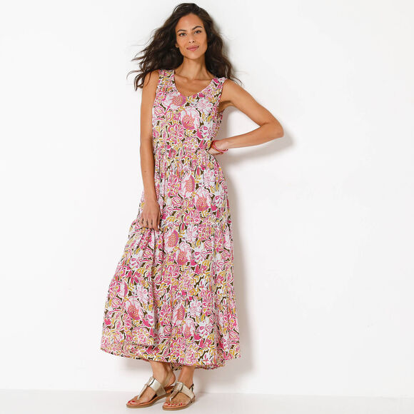 Robe longue &agrave; volants, cr&eacute;pon imprim&eacute; (kaki / rose)