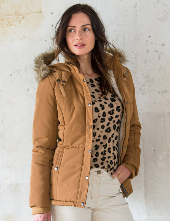 Doudoune &agrave; capuche imperm&eacute;able, doubl&eacute;e polaire sherpa (caramel)